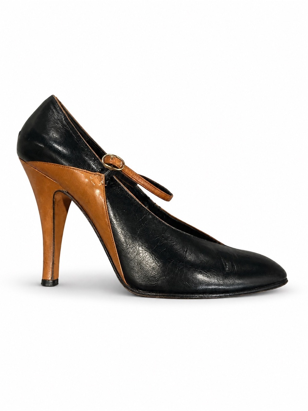 RARE Vintage Halston black and cognac leather ankle strap heels in a two-tone